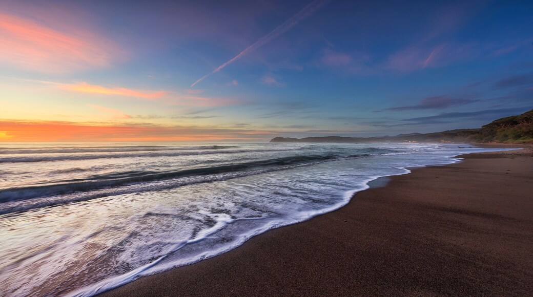 Waves on the Baratti beach at sunset. Tuscany, Italy