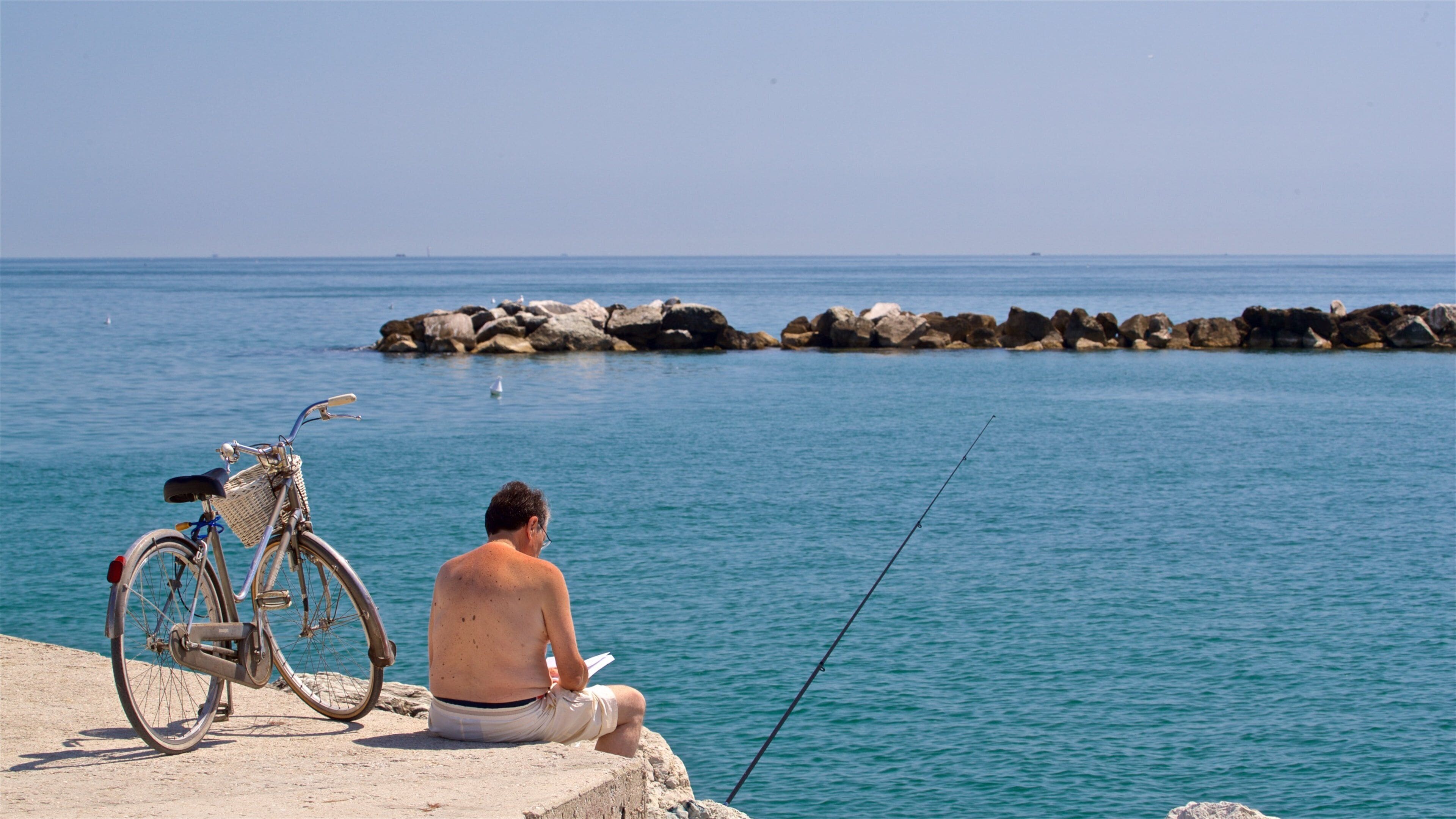 Bellaria-Igea Marina ofreciendo vistas generales de la costa y pesca y también un hombre