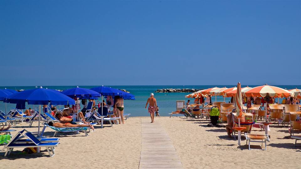 A beach with rows of sun loungers and umbrellas, a wooden walkway leading to the sea, and a clear blue sky.