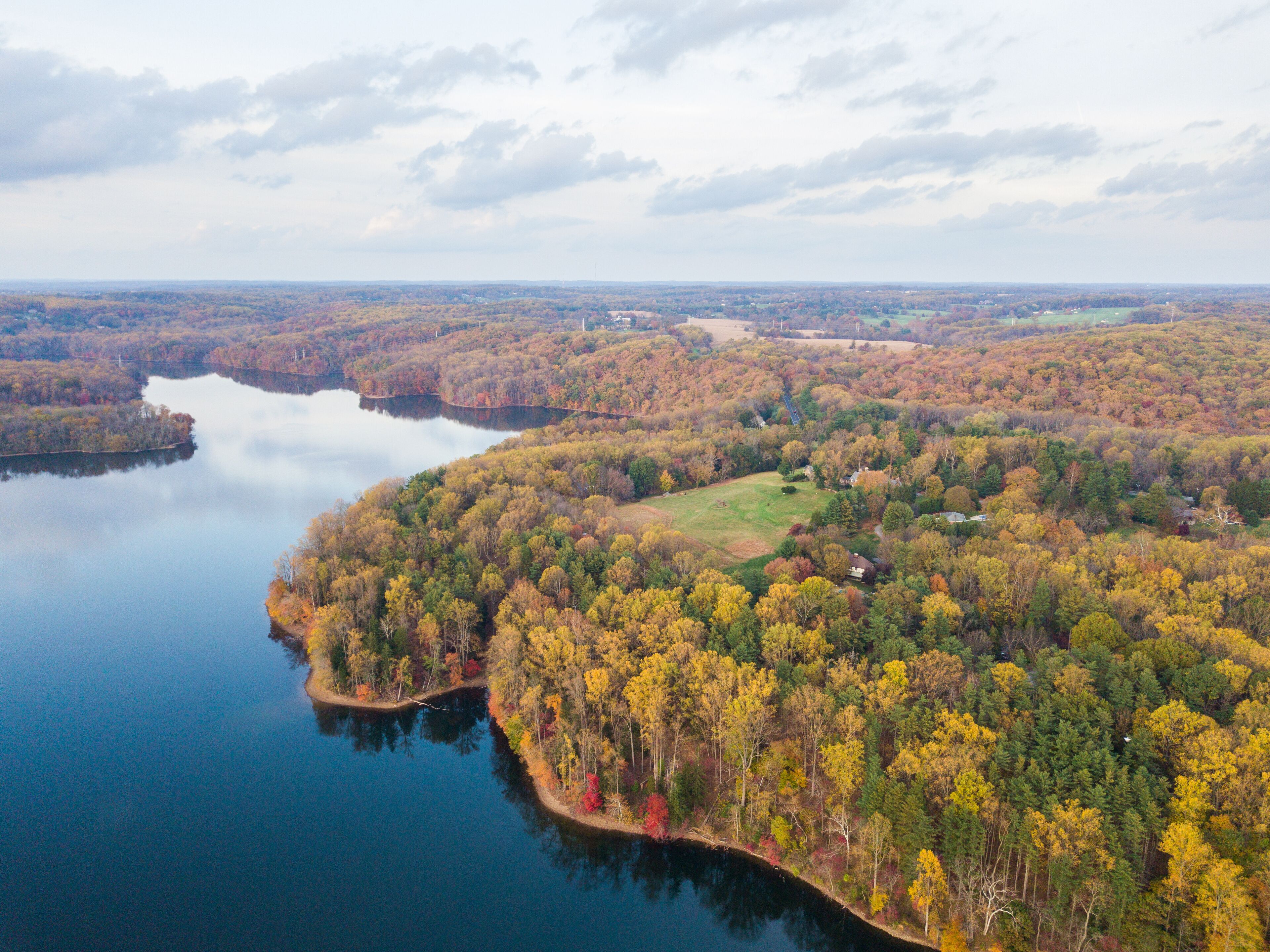 Aerial of Loch Raven Reservoir in Baltimore County, Maryland during Fall