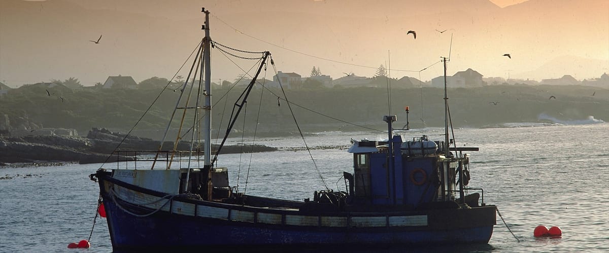 A fishing boat anchored near a rocky shoreline with mountains in the background.