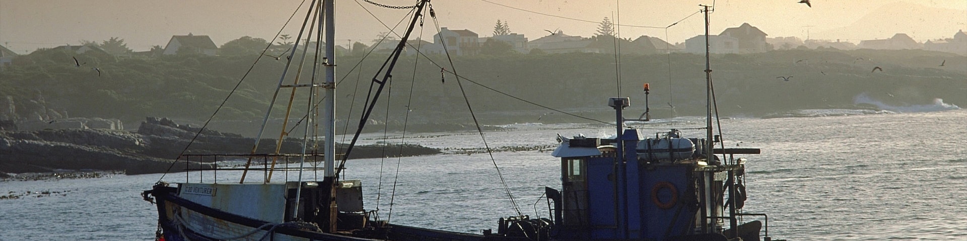 A fishing boat anchored near a rocky shoreline with mountains in the background.