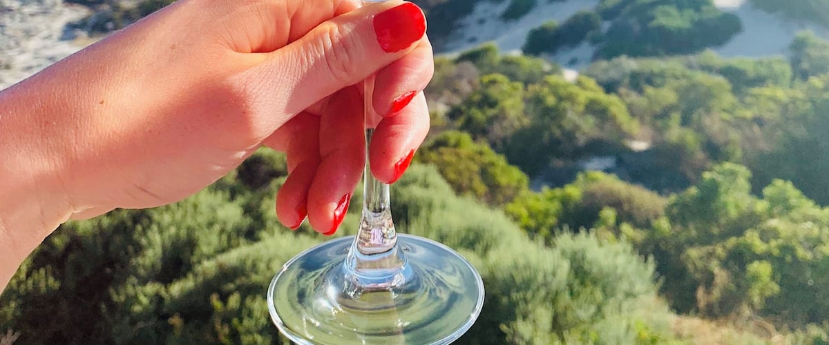 A hand holding a wine glass with a clear liquid, overlooking a coastal landscape with greenery and a view of the sea.
