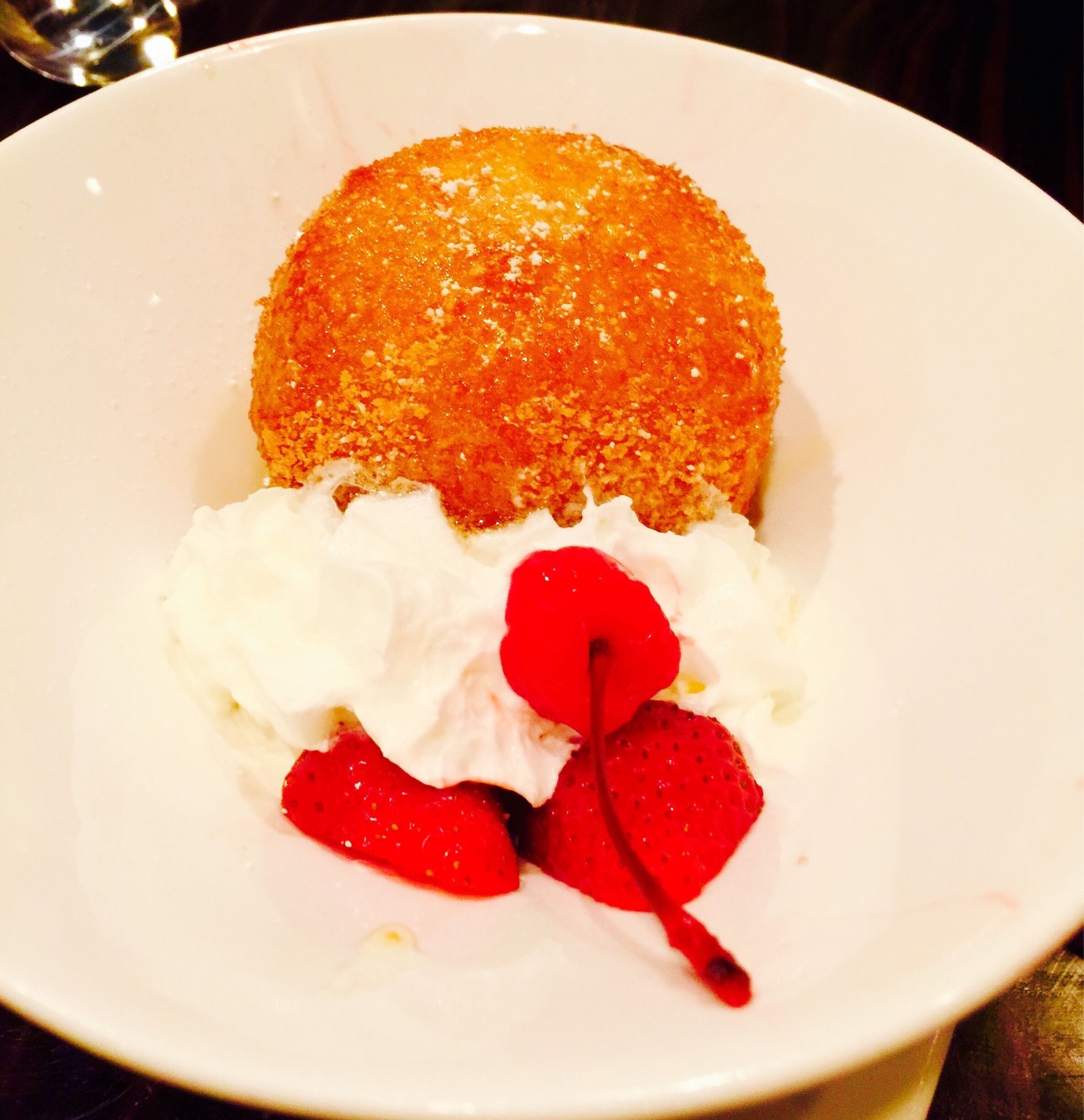 #FoodieFinds
Fried Ice Cream at Best Thai Frisco, comes in three flavours - vanilla, green tea and cinnamon. It's a big ball of cold ice cream dipped in some batter and deep fried. The outer cover is crusty and when you scoop a bite, out comes cold sweet ice cream! Served with whipped cream and cherries...yUm!!!