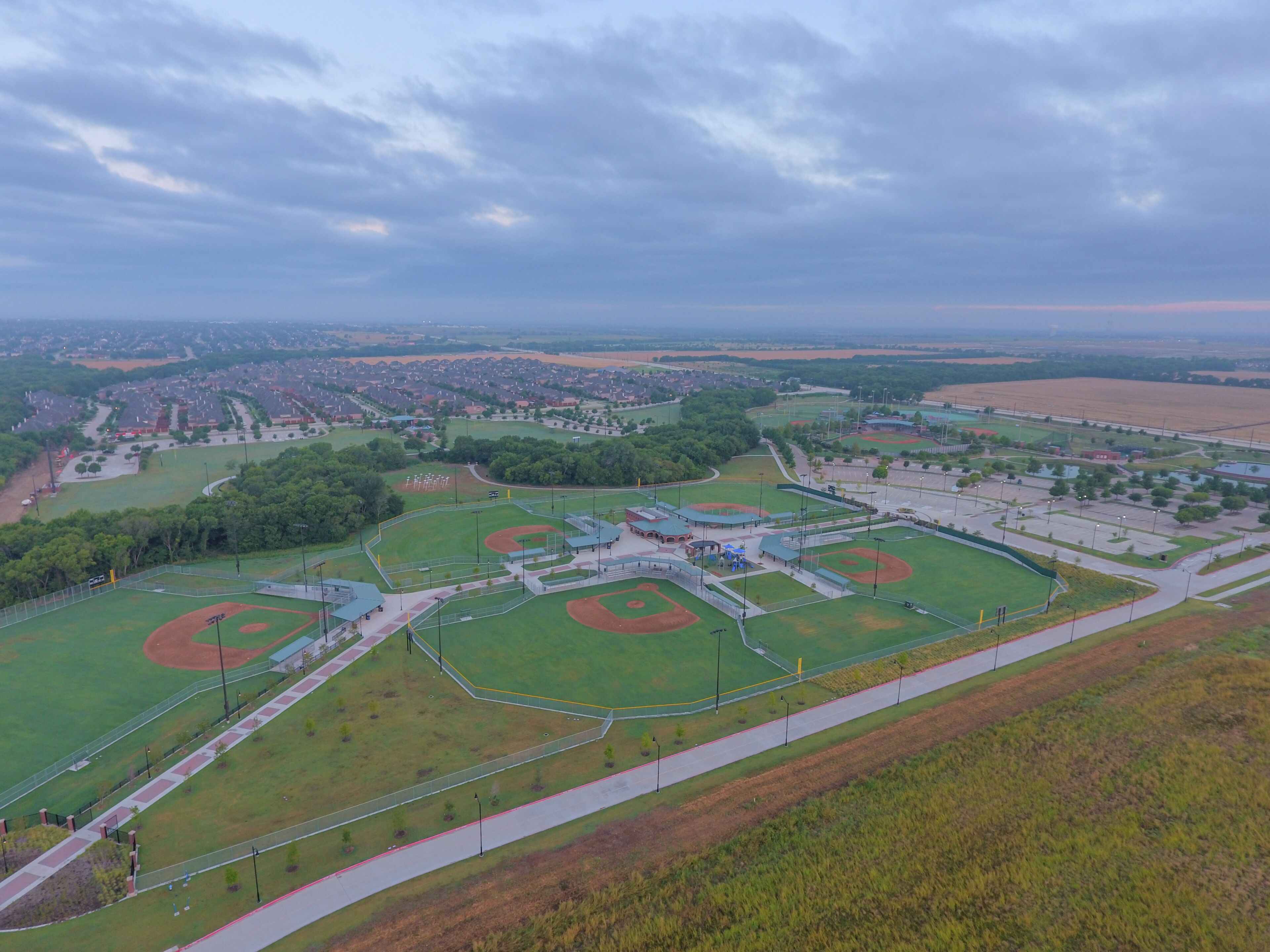 Aerial View of Harold Bacchus Community Park with Sunrise, Frisco, Texas (August 2016)