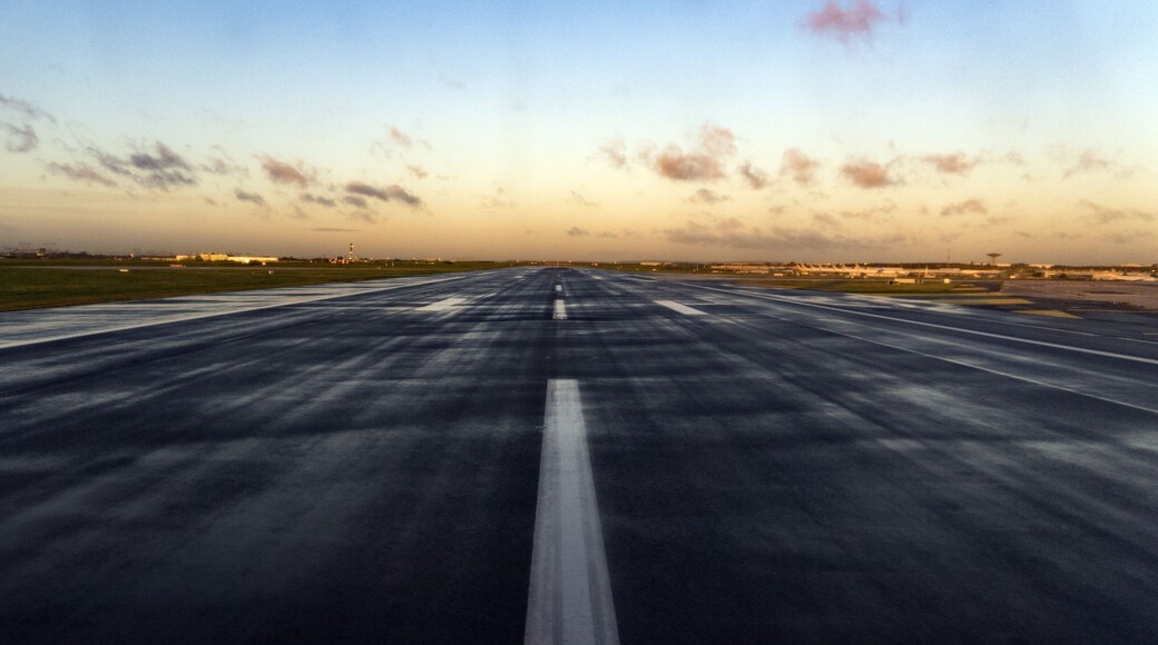 paris airport landing track at sunrise