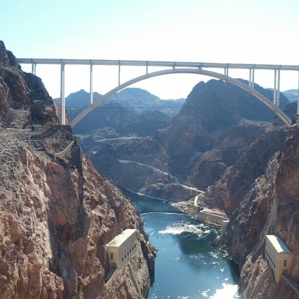 A view of the Hoover Dam Bypass Bridge from atop the Arizona end of the Hoover Dam.