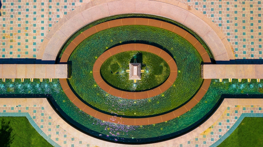 Aerial shot of a fountain at Simpson Plaza, Frisco, Texas