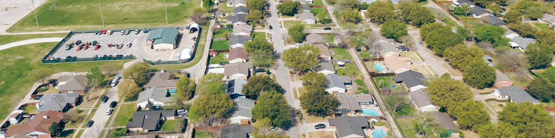 Lewisville Lake and residential neighborhood house along Paige Road, Blair Oaks Dr in fast growing suburbs Dallas, The Colony City, Texas, baseball park sport complex, mixed use development area