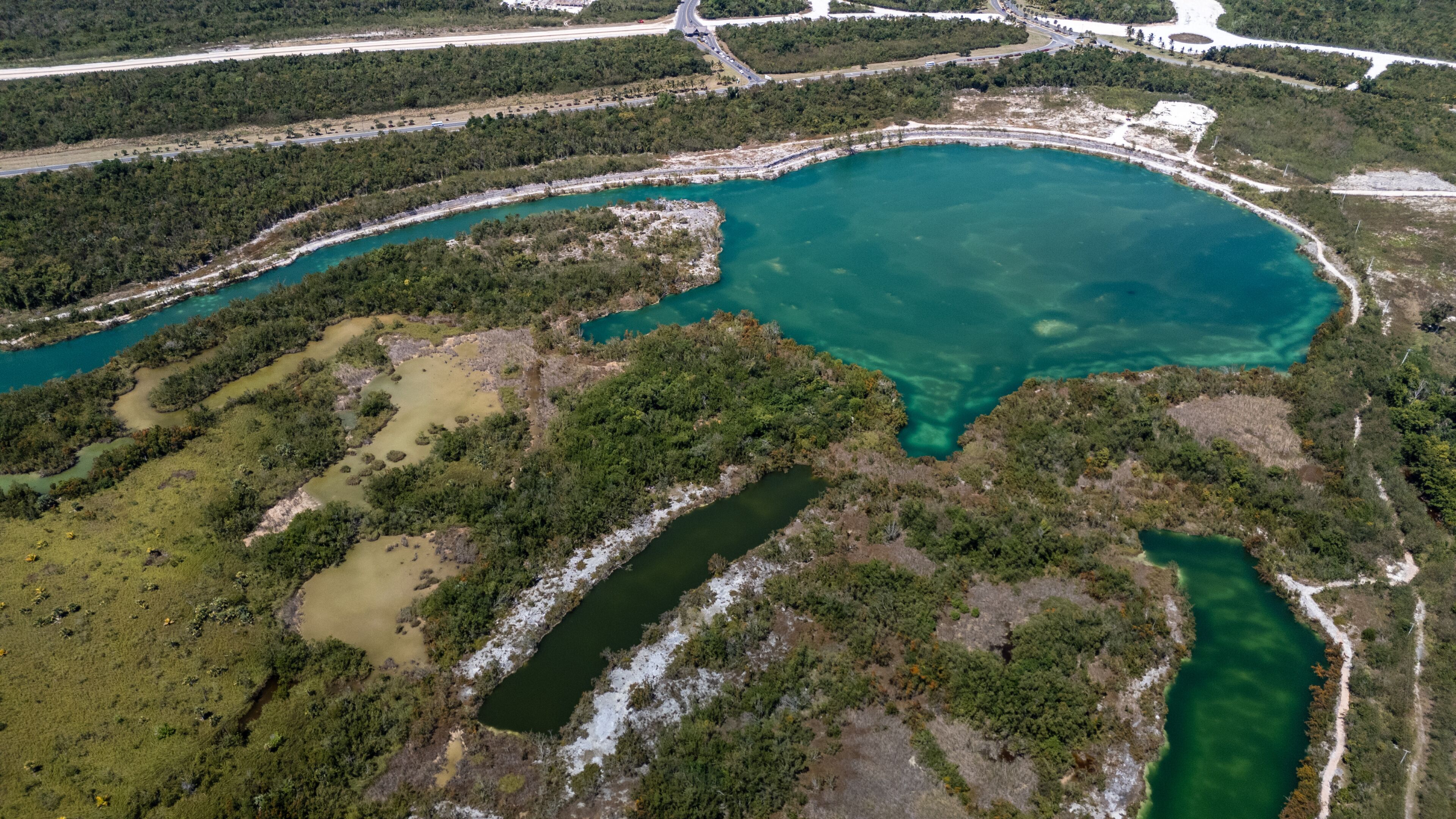 Vista aérea de uma área costeira com uma grande massa de água, cercada por florestas densas e uma rede de estradas.