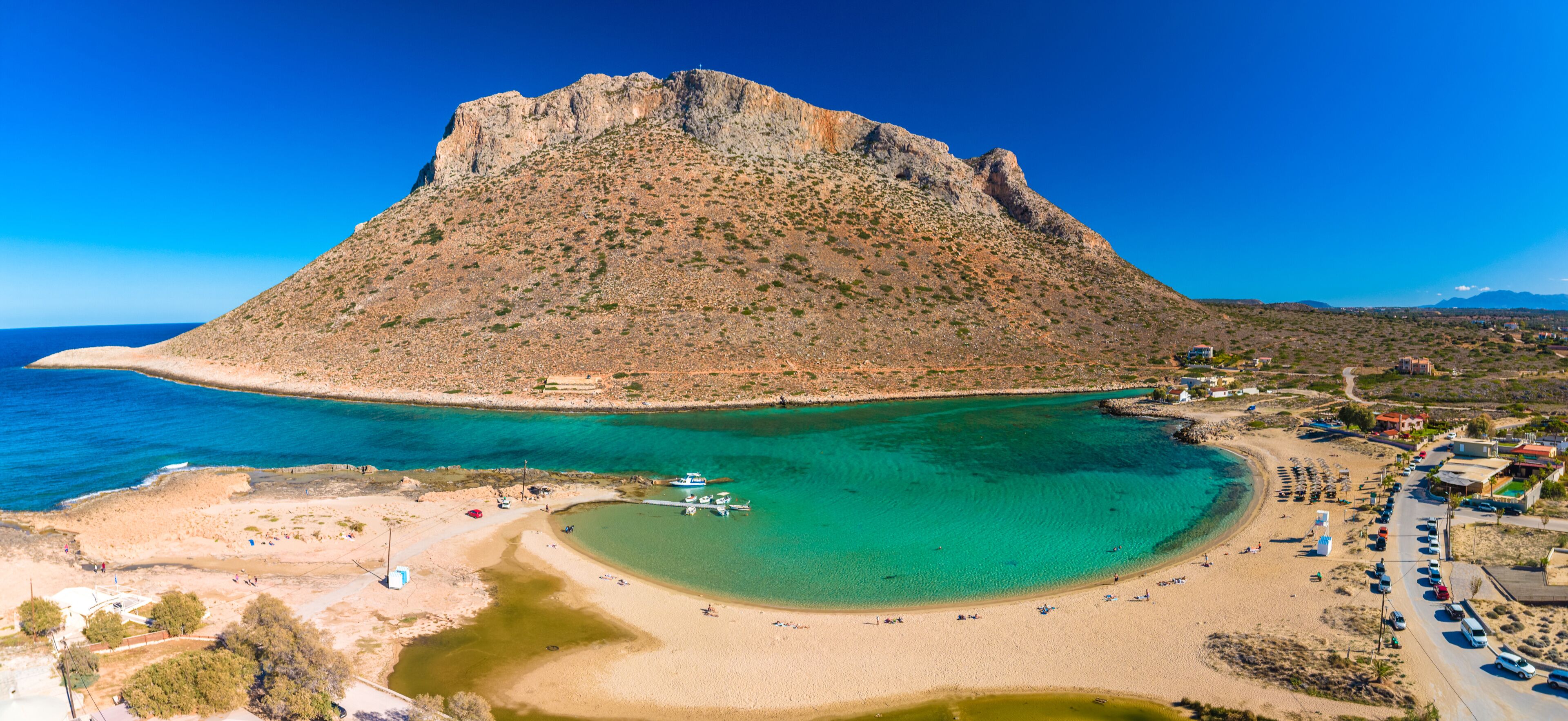 Aerial image of famous Stavros Zorbas beach, Crete Island, Greece, near Chania