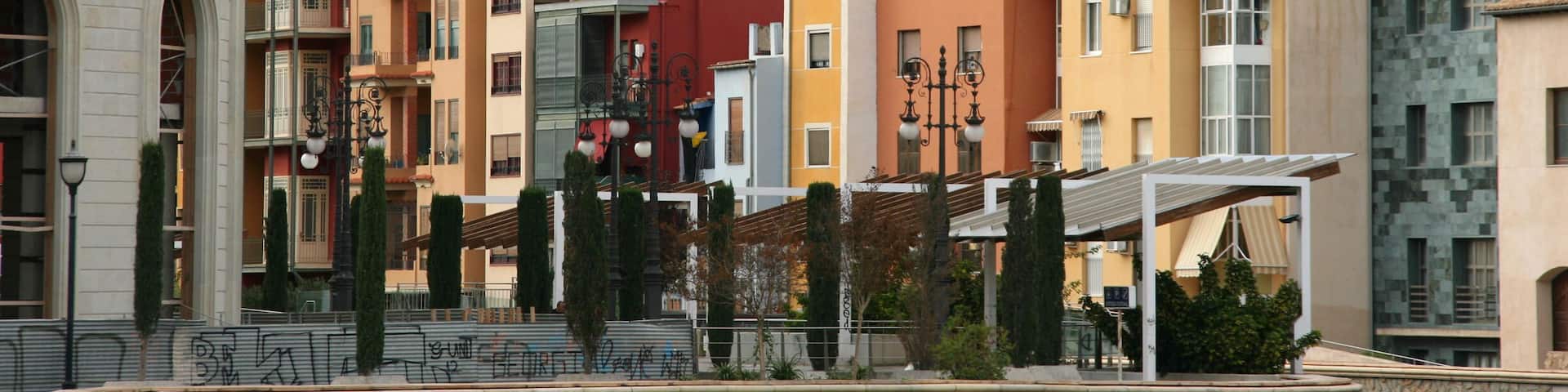 Colorful houses in Orihuela, Spain. Mediterranean architecture.