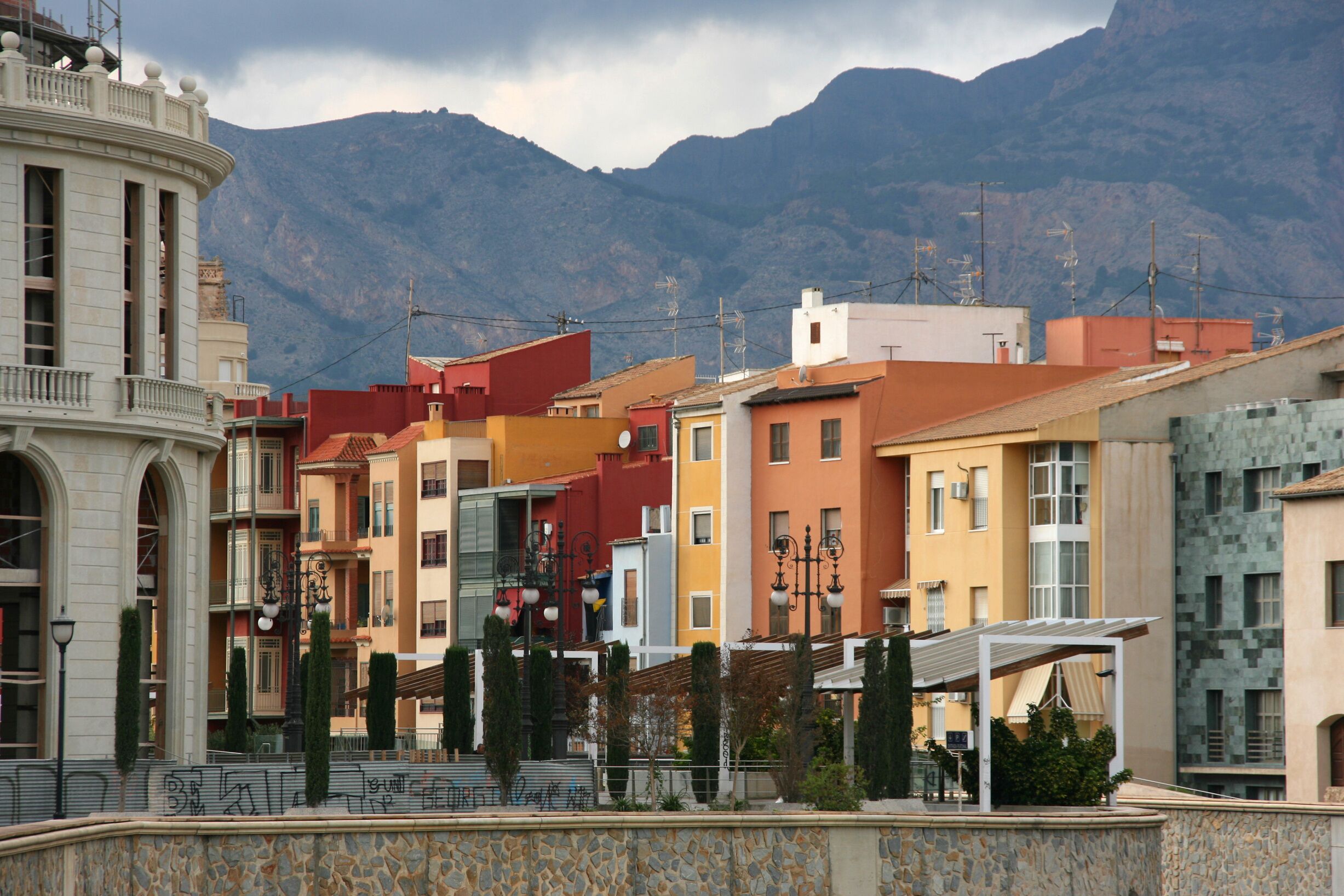 Colorful houses in Orihuela, Spain. Mediterranean architecture.
