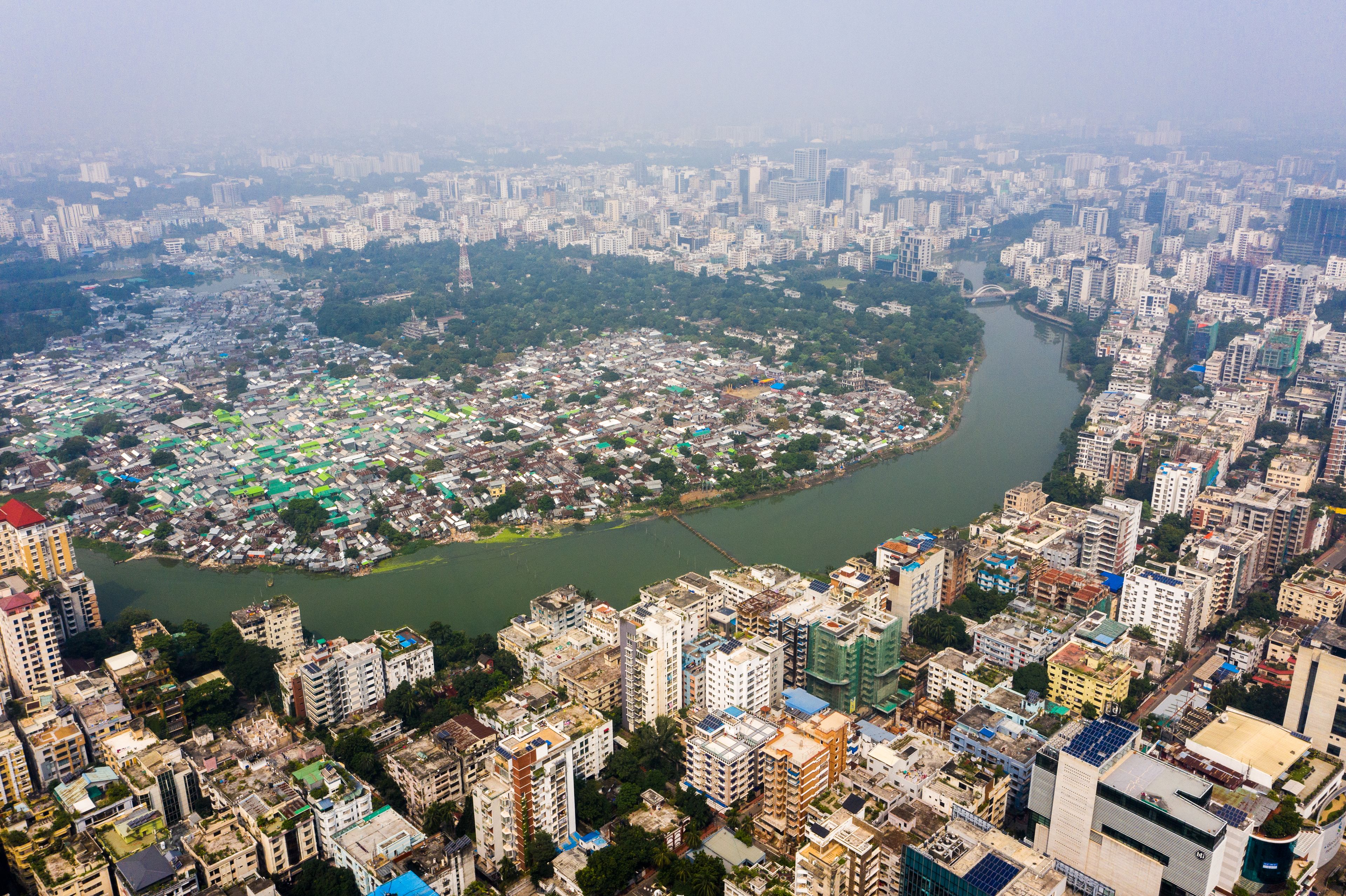 Aerial view of Gulshan 2 area showing the contrast between dense residential buildings and the green park area along the lake in Dhaka, Dhaka Division, Bangladesh.