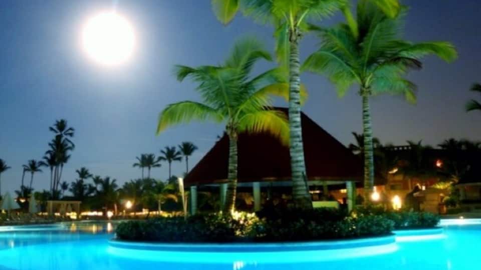 A nighttime resort pool with palm trees and a building in the background.