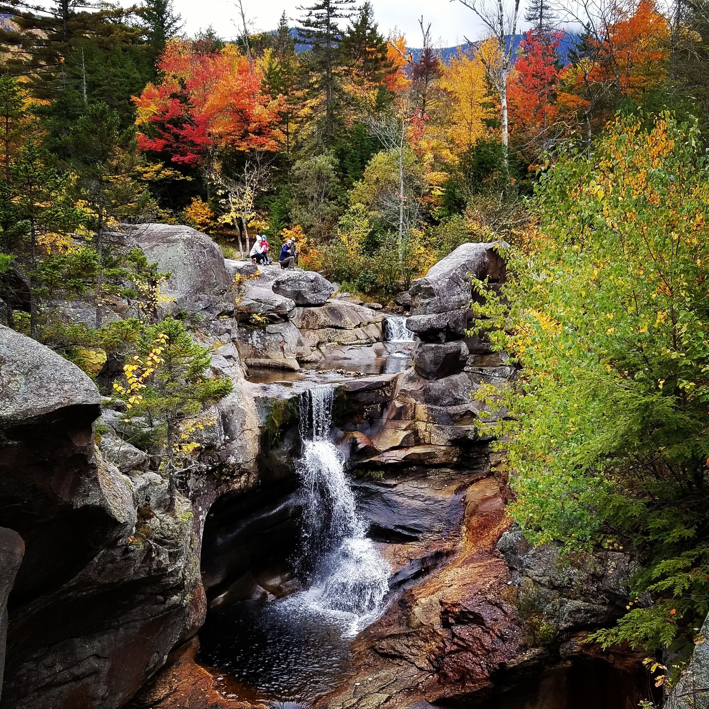 A waterfall cascading over rocks in a forest with autumn foliage.
