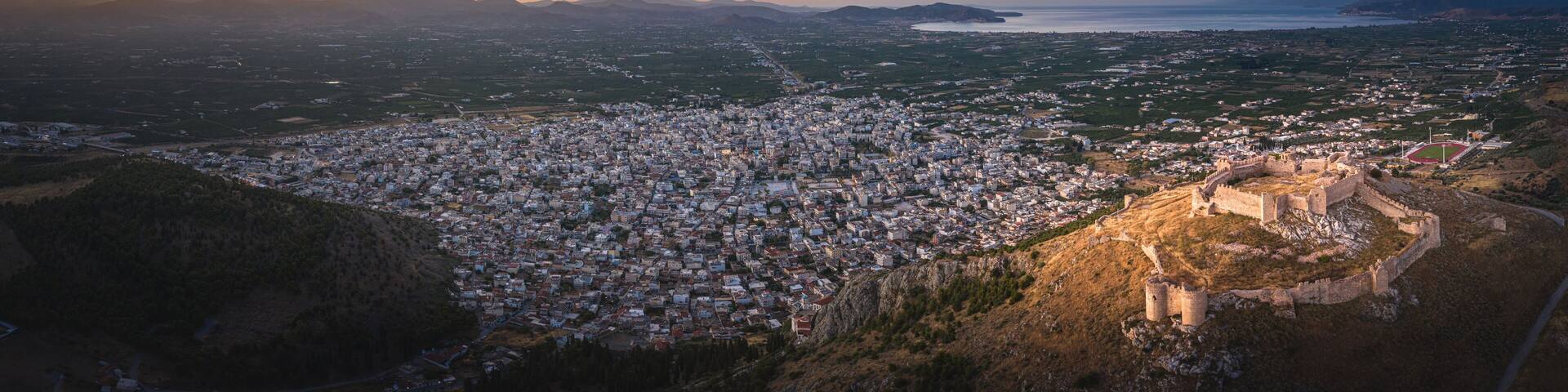 Wide panorama of castle on Larissa Hill, located near the town of Argos, Greece