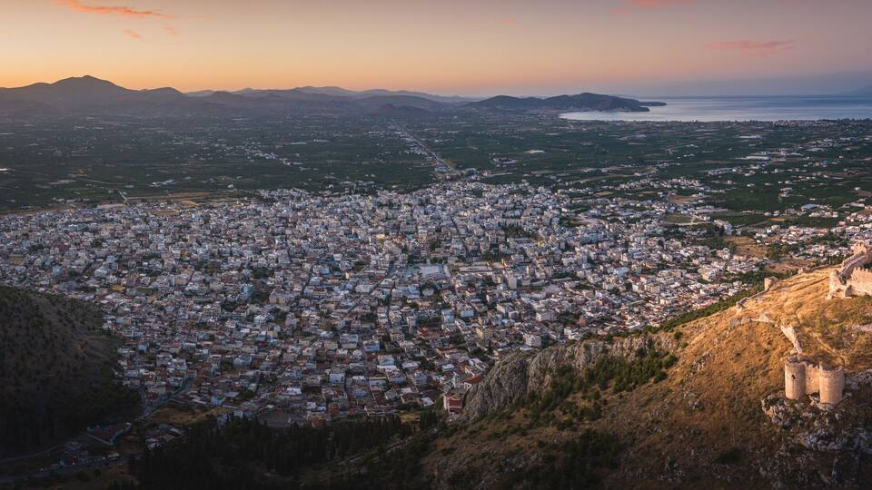 Wide panorama of castle on Larissa Hill, located near the town of Argos, Greece