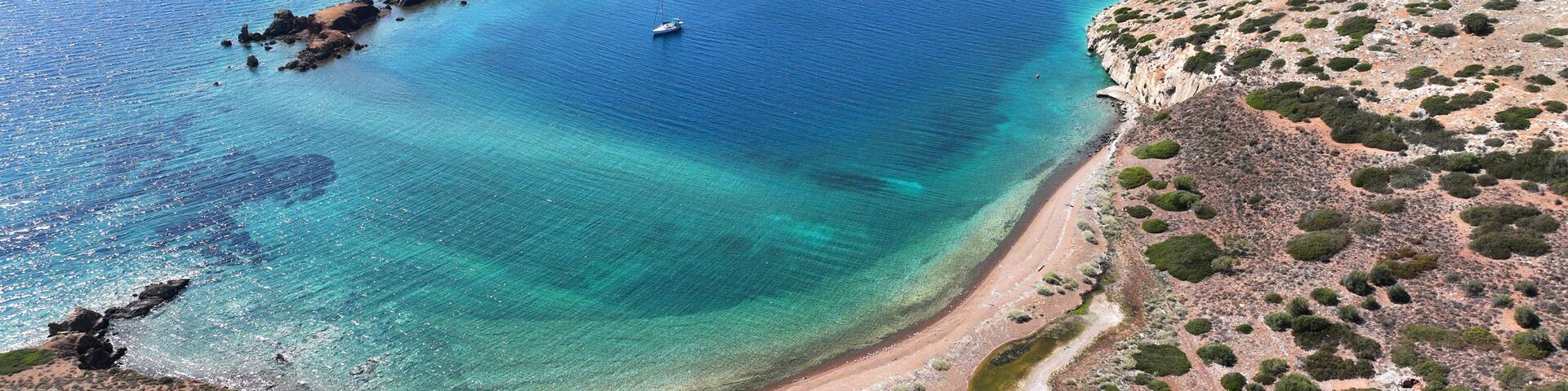 Aerial drone photo of paradise secluded small island complex of Alkyonides in Corinthian gulf with paradise beaches perfect for sail boat and yacht anchorage, Greece