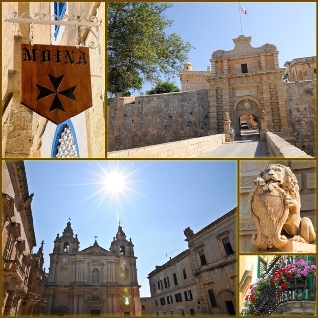 A wooden sign with 'Mina' and a star, a stone gate, a church with two towers, and a lion statue.