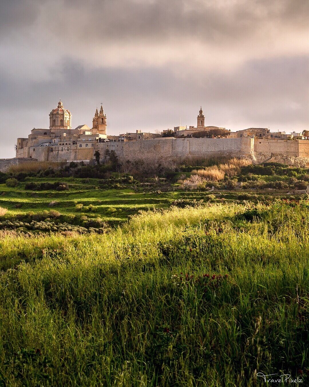 A fortified city with historic architecture, including domed buildings and a large wall.