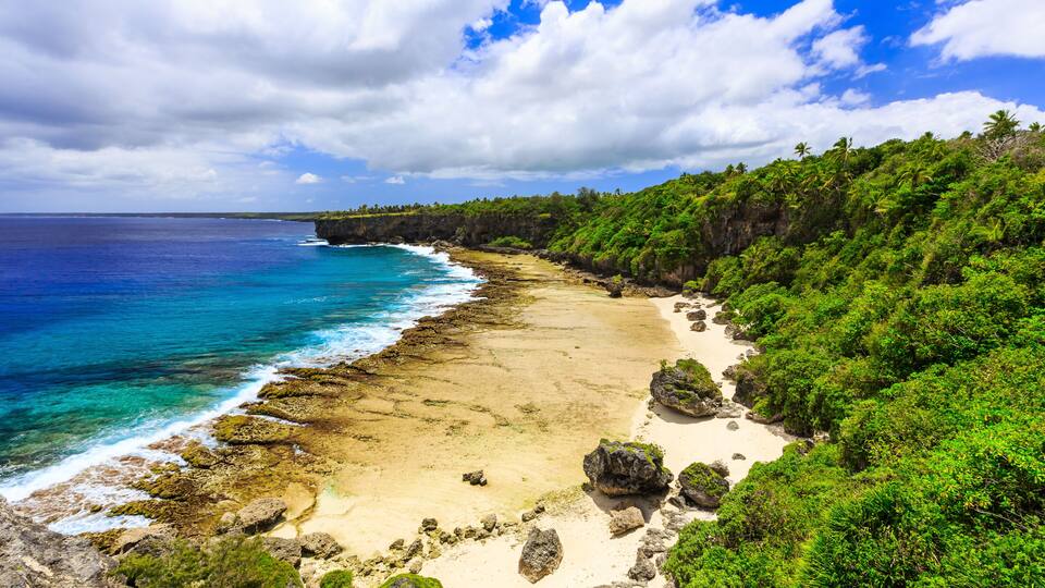 A tropical beach with clear turquoise waters, a sandy shore, and lush green vegetation.