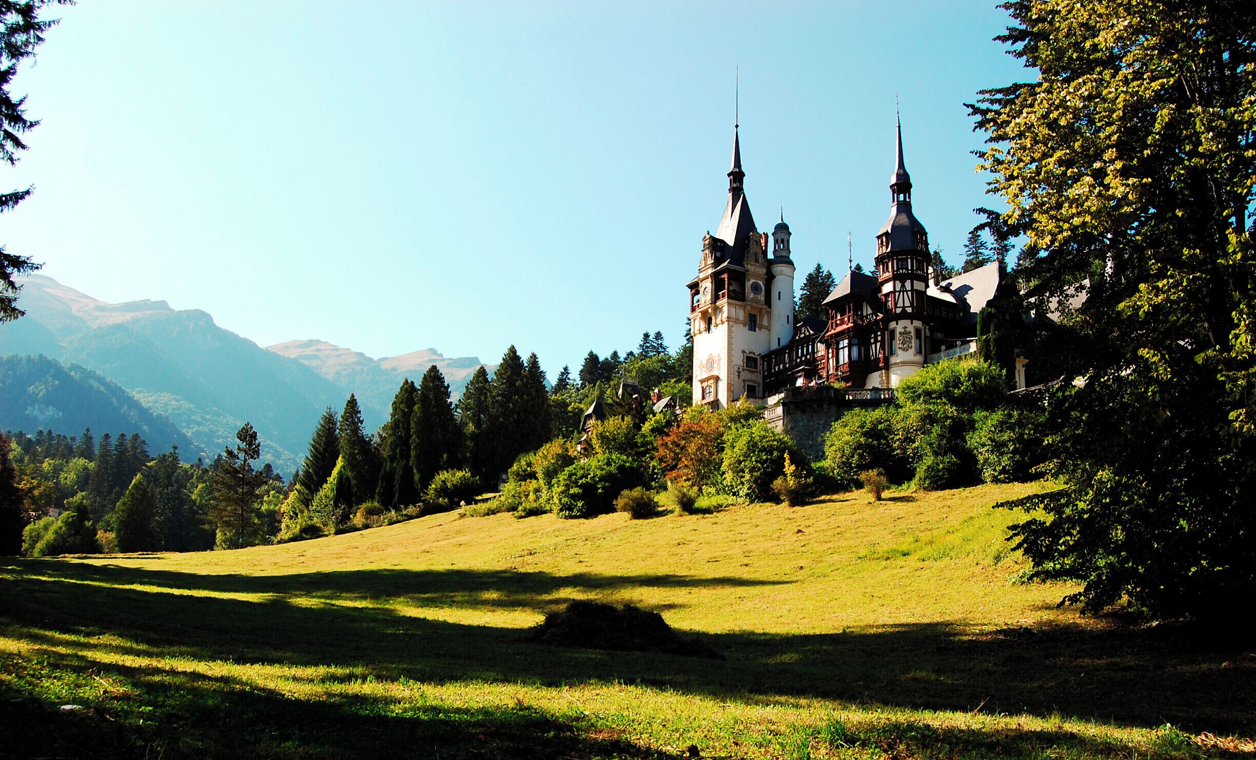 A castle with two towers, surrounded by trees and mountains in the background.