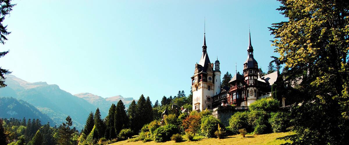 A castle with two towers, surrounded by trees and mountains in the background.