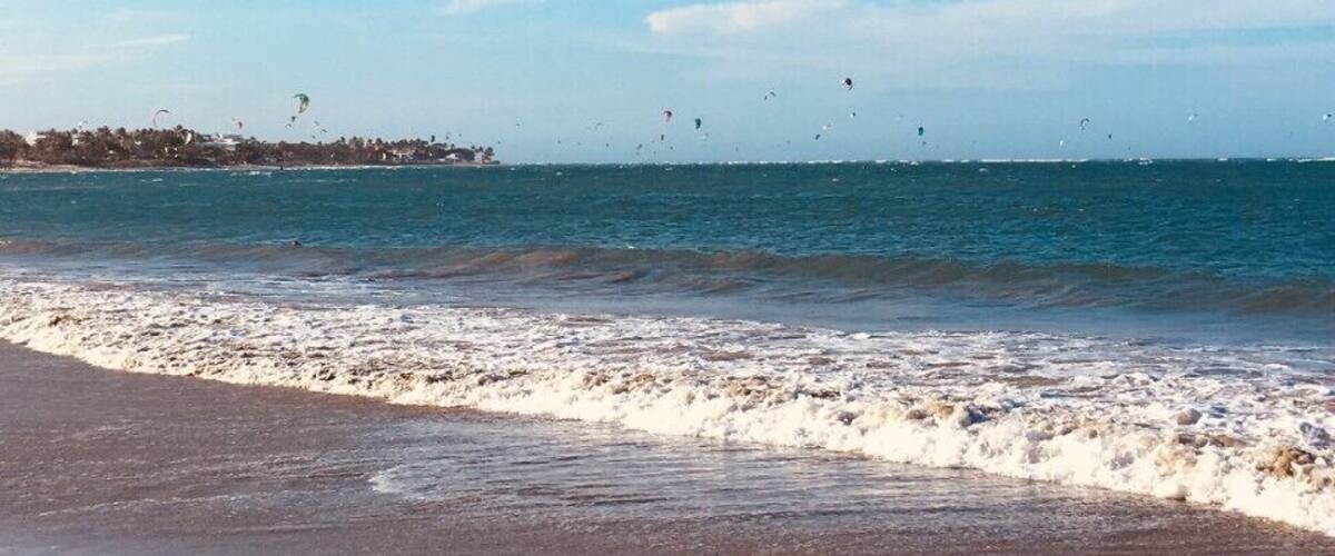 A beach with waves, a clear sky, and kites flying.