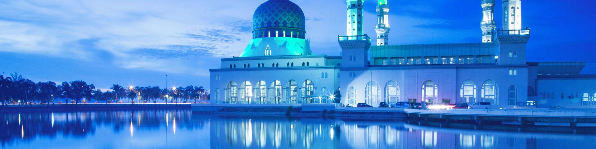 Mosque, Masjid Bandaraya in Kota Kinabalu, Borneo. Blue hour and a very rainy night. Mosquito hell but so nice to see.