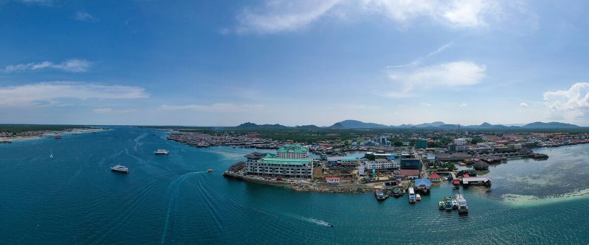 Aerial view partial part of Semporna island with blue ocean and coral reef in Malaysia, Borneo.