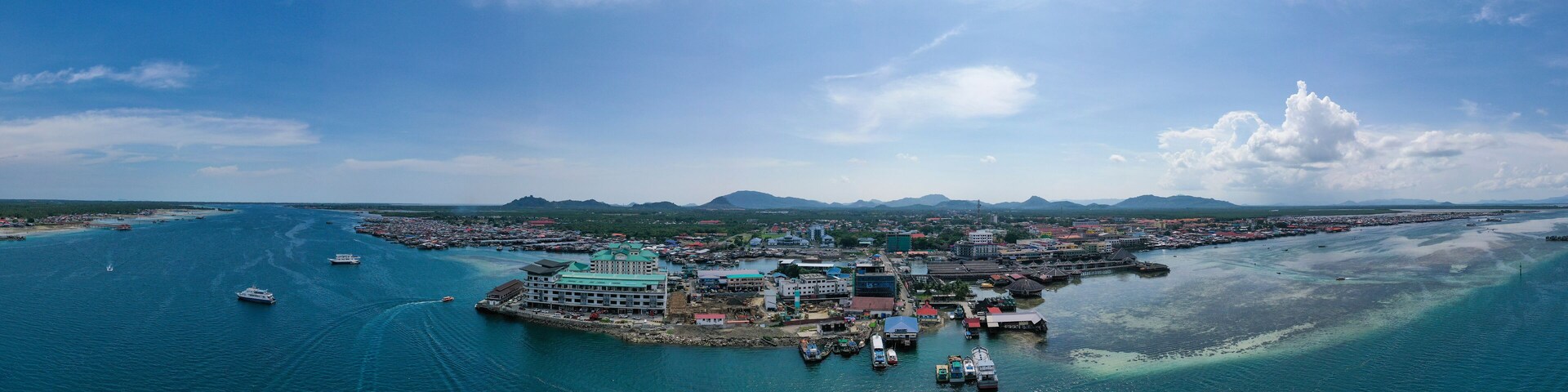 Aerial view partial part of Semporna island with blue ocean and coral reef in Malaysia, Borneo.
