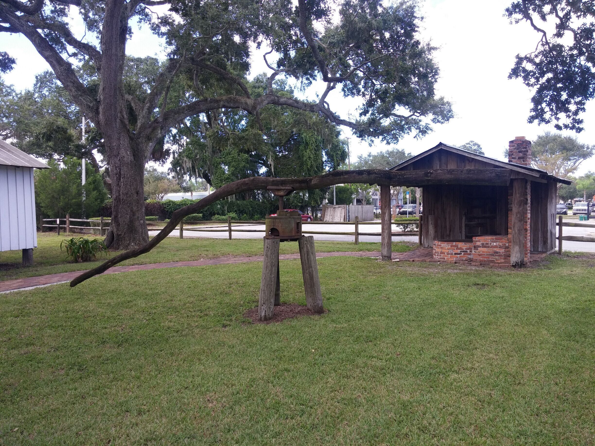This is a sugar cane mill. The whole sugar canes are inserted in the middle and a donkey or horse is attached to one end of the tree. The animal walks in circles and the canes are run through the press.

The historical park is free and boasts the 1860 Courthouse, the 1887 Church, the One Room Schoolhouse, the Old Settler’s House, the Potter Barn, the Sugar Cane Mill and Smokehouse, the Wiggins Store, a blacksmith shop, a 1913 Baldwin Steam locomotive, the Fogarty Boatworks and a Cowhunter Bunkhouse.