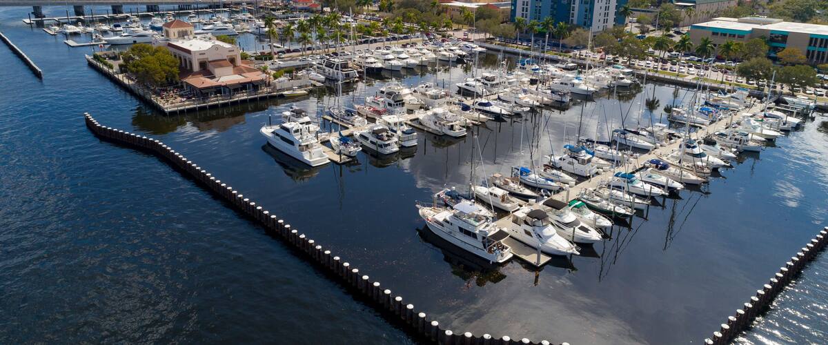 A marina with numerous boats docked, surrounded by buildings and palm trees.