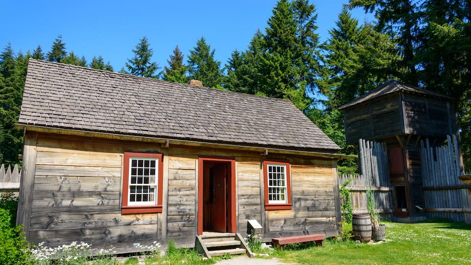 A rustic wooden cabin with a red door and windows, surrounded by a grassy area and tall trees.