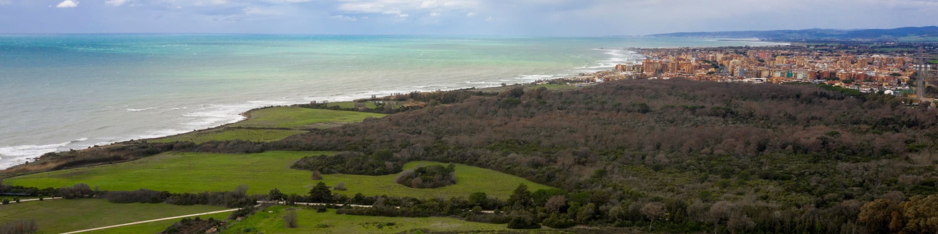 Aerial view of Ladispoli. It is a town and comune in the Metropolitan City of Rome, Lazio, Italy. It is located on the Mediterranean Sea.