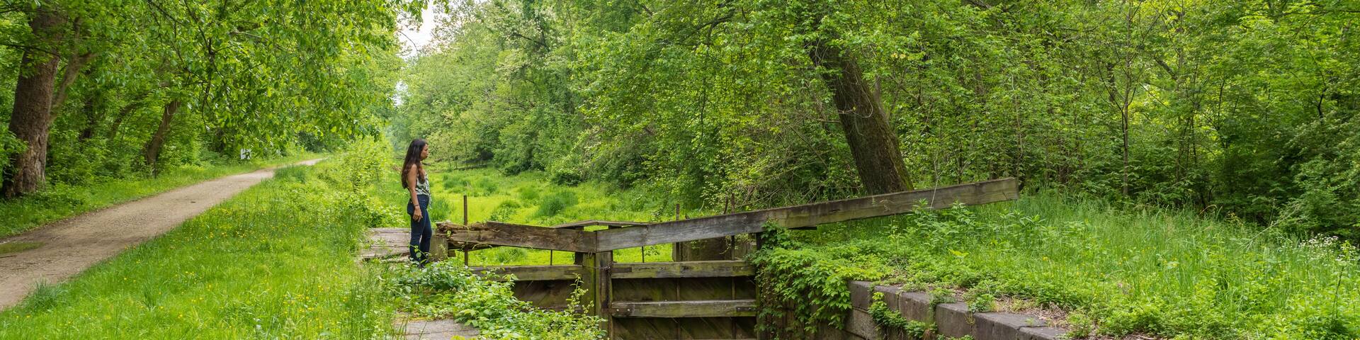 woman standing on bridge over lock