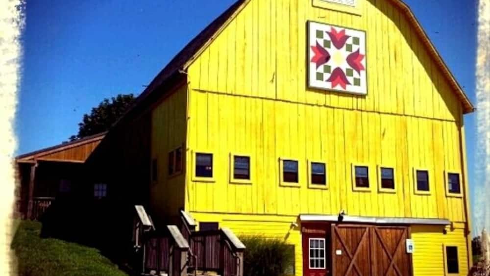 A yellow barn with a red door and windows.