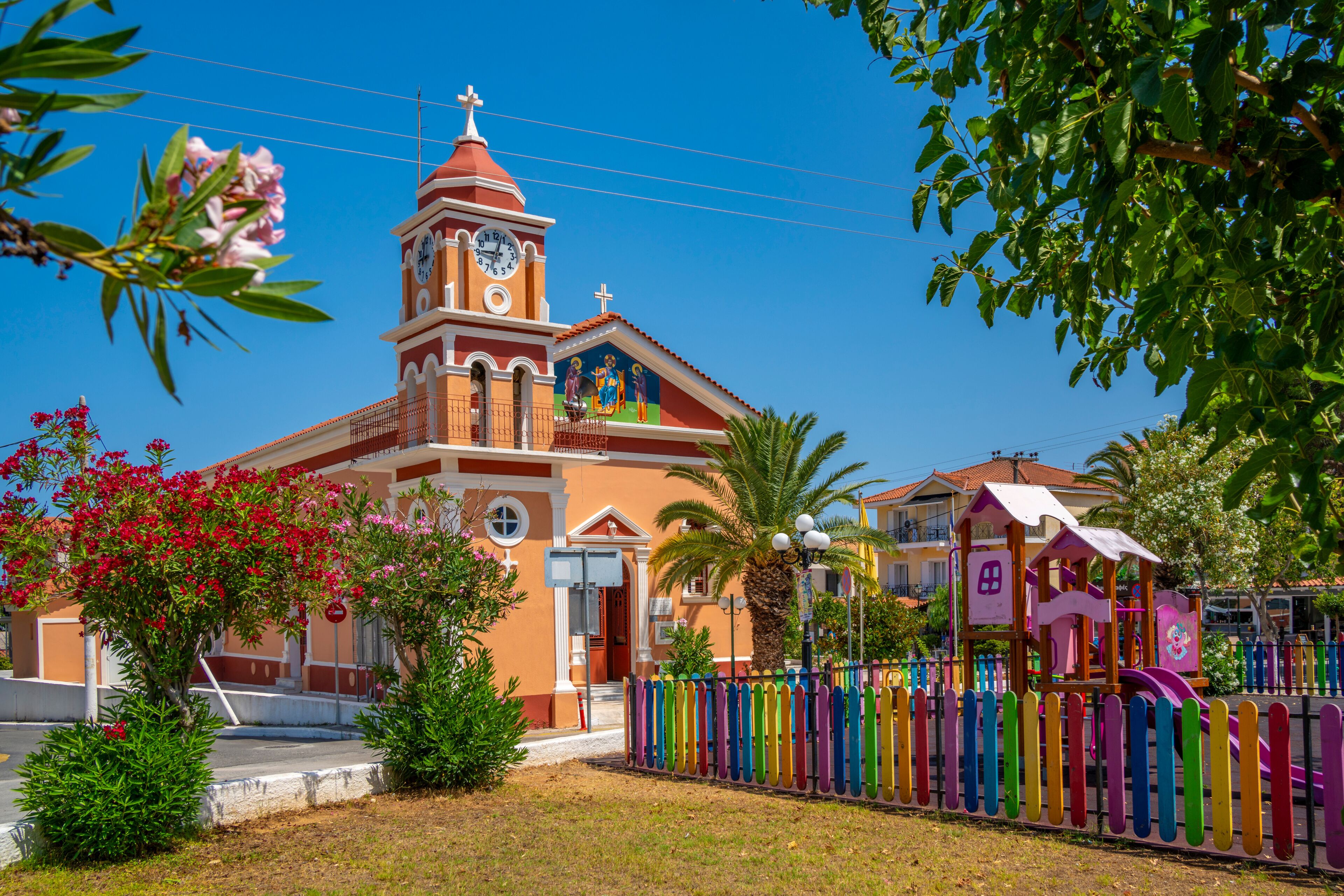 View of Church of Agios Gerasimos in Skala, Skala, Kefalonia, Ionian Islands, Greek Islands