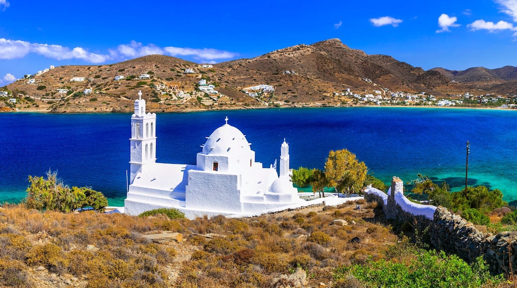 Greece nature scenery. Sea and beaches. Beautiful Ios island, Cyclades. View with little white church near the port