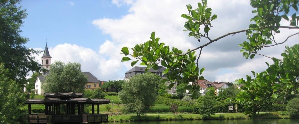 A serene lake with a wooden gazebo, ducks swimming, and a church in the background.