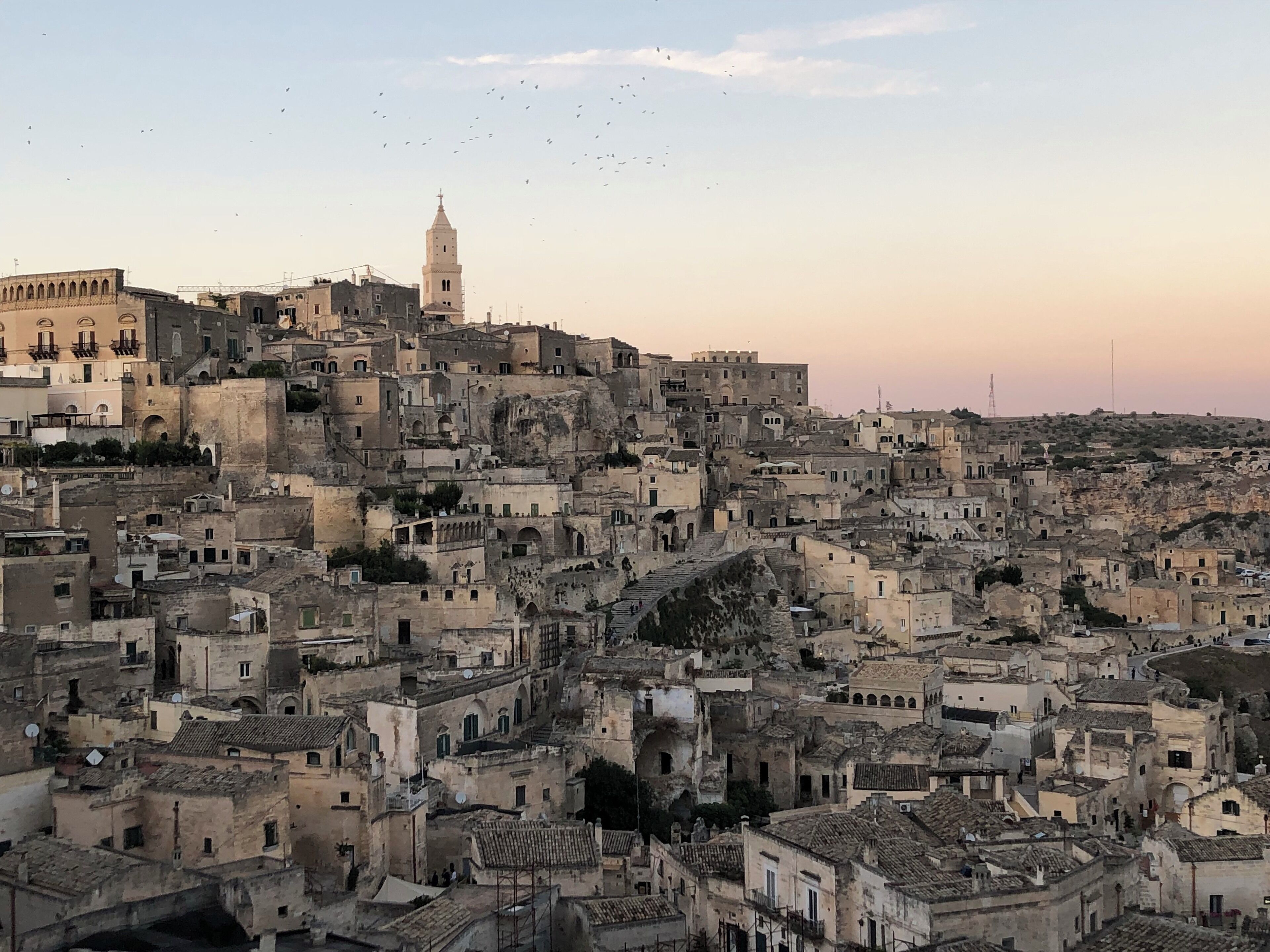 A densely packed historic town with numerous buildings, a prominent tower, and a clear sky.