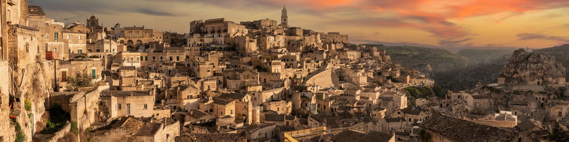 Scenic cityscape of Matera with the cave church Saint Mary of Idris, Southern Italy