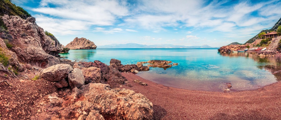 Great spring panorama on the cozy beach in northeastern Corinthia, Greece. Sunny outdoor scene of the Greek resort. Beauty of nature concept background.