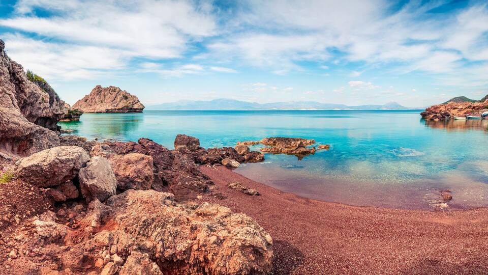 Great spring panorama on the cozy beach in northeastern Corinthia, Greece. Sunny outdoor scene of the Greek resort. Beauty of nature concept background.