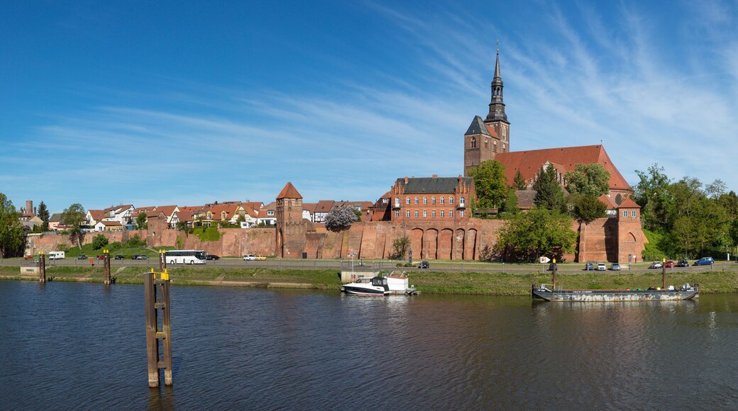 Panoramic view of Tangermünde on Elbe river with city wall, St Stephens church, castle and retired river cruise ship