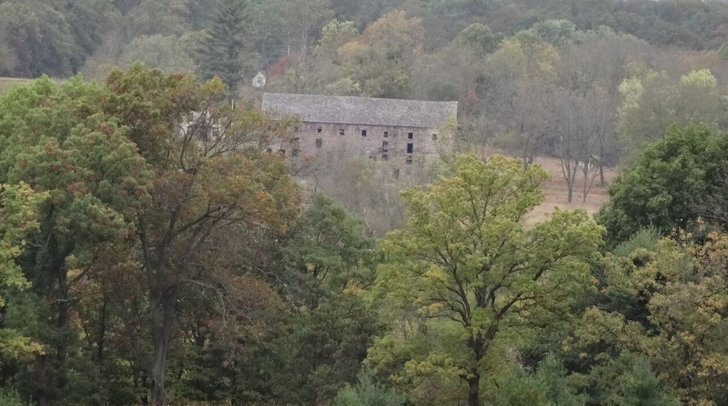 An abandoned building seen off in the distance from one of the main trails/roads through Valley Forge National Historical Park.