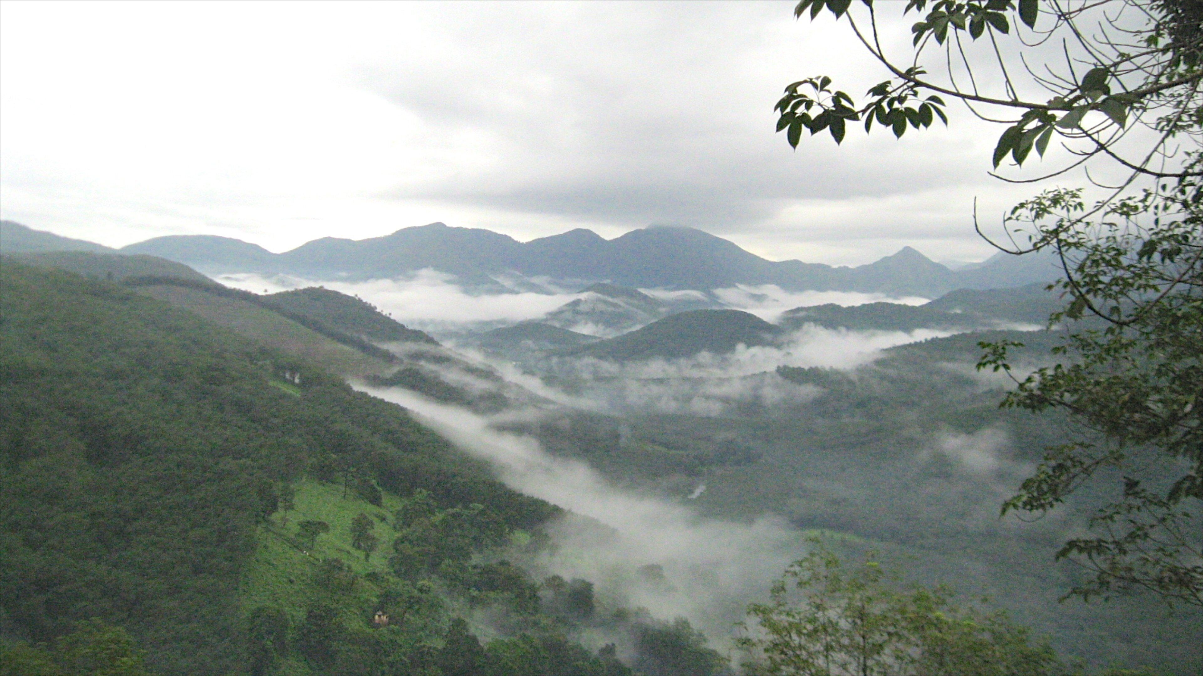 A valley with mountains in the background and mist covering the lower elevations.