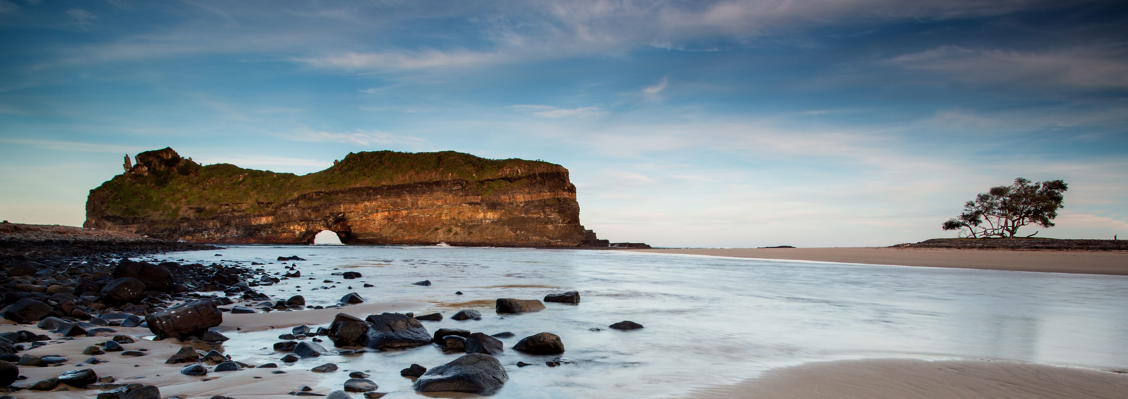 A rocky beach with a large rock formation and a tree.