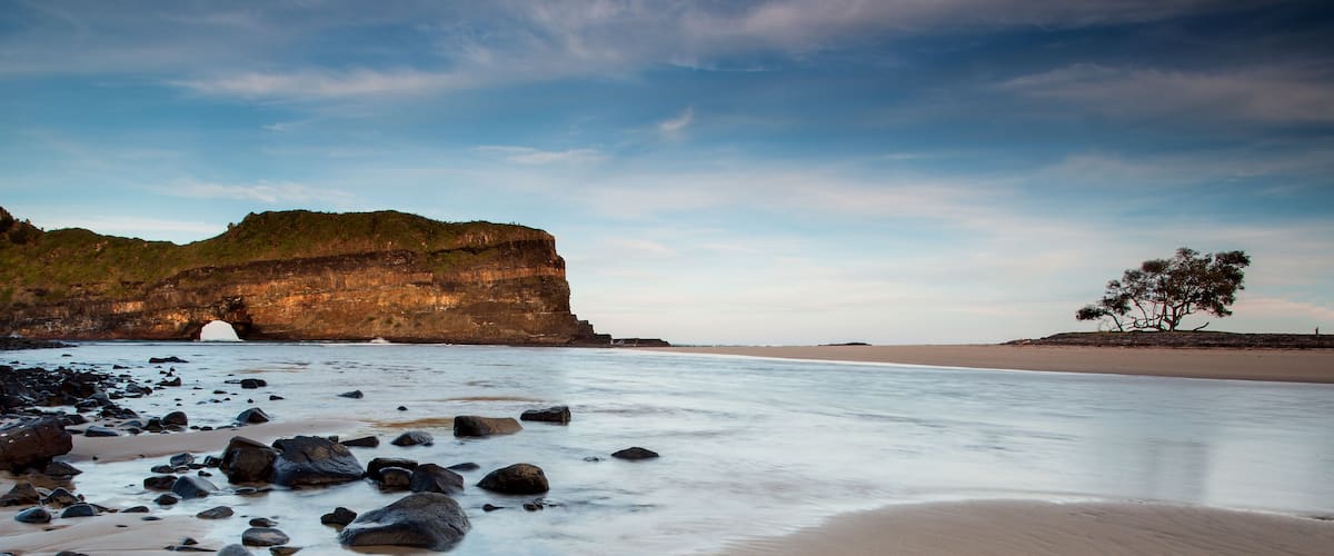 A rocky beach with a large rock formation and a tree.